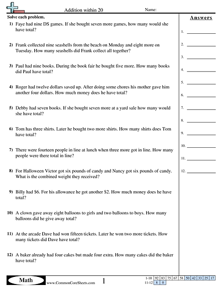 Addition Worksheets - Addition within 20  worksheet